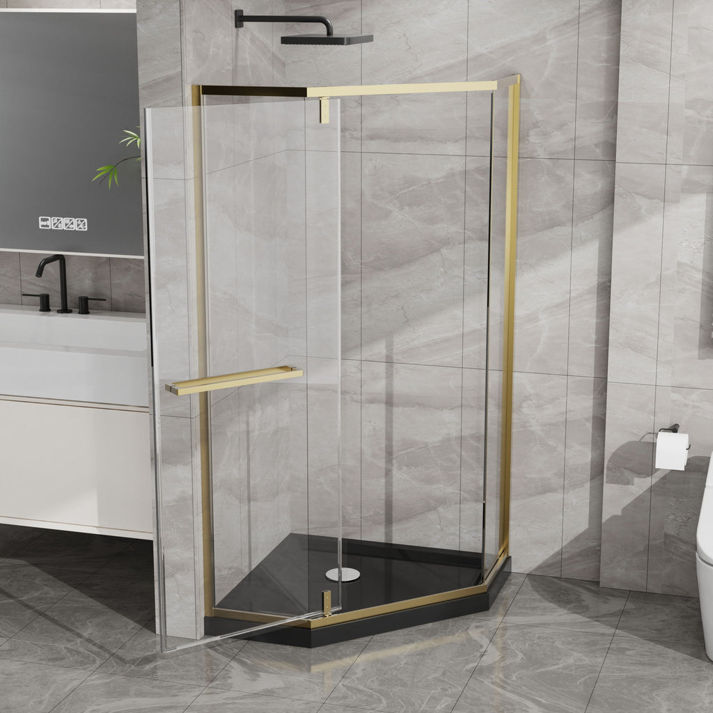 Goodyo - Neo-Angle Frameless Shower Door Corner Enclosure With Acrylic Shower Base Combo, Pivot Shower Door