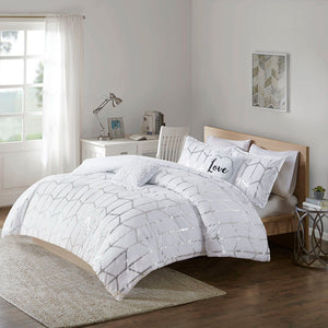 Raina - Metallic Printed Comforter Set - White / Silver