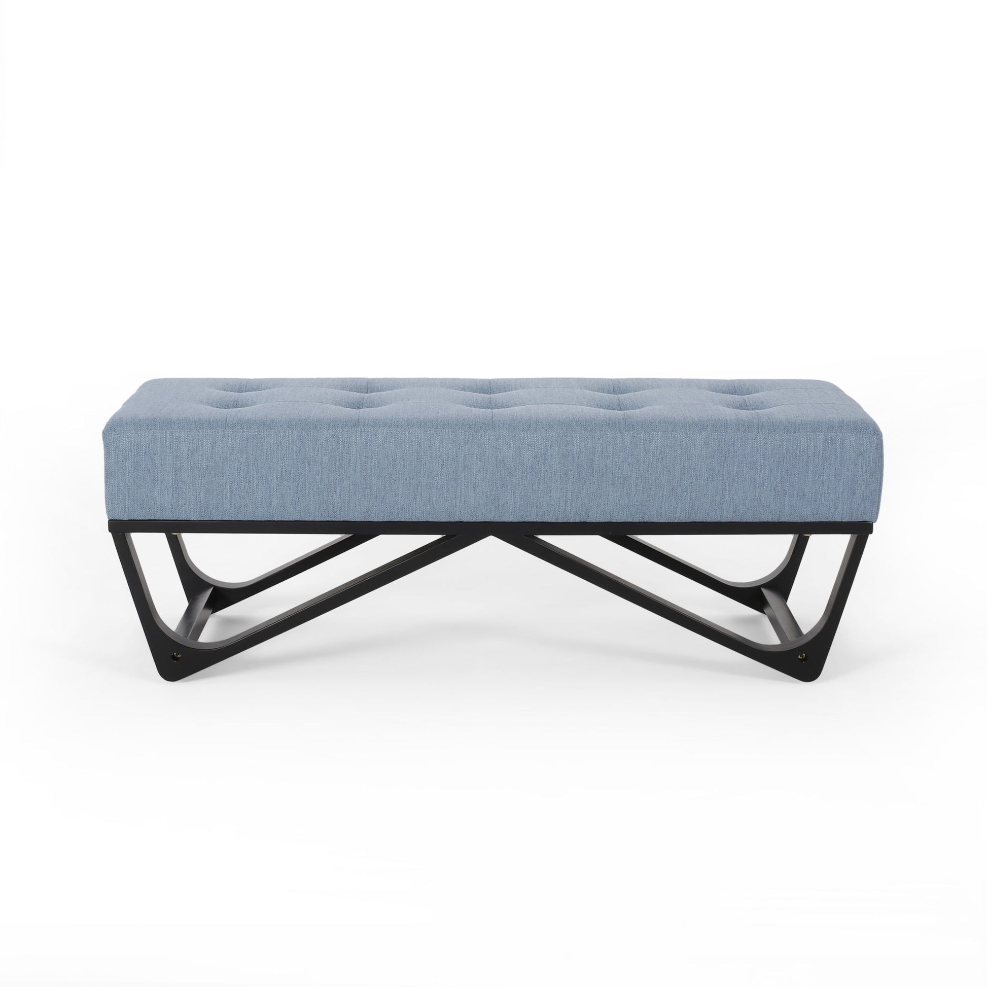 Upholstered Ottoman With Button Tufted Waffle Stitch And Black Geometric Legs - Light Blue