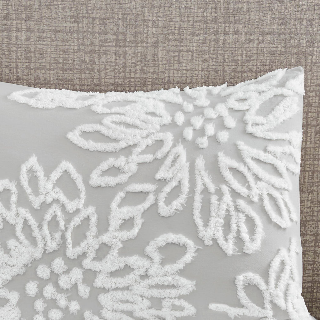 Veronica - King 3 Piece Tufted Floral Comforter Set - Gray / White