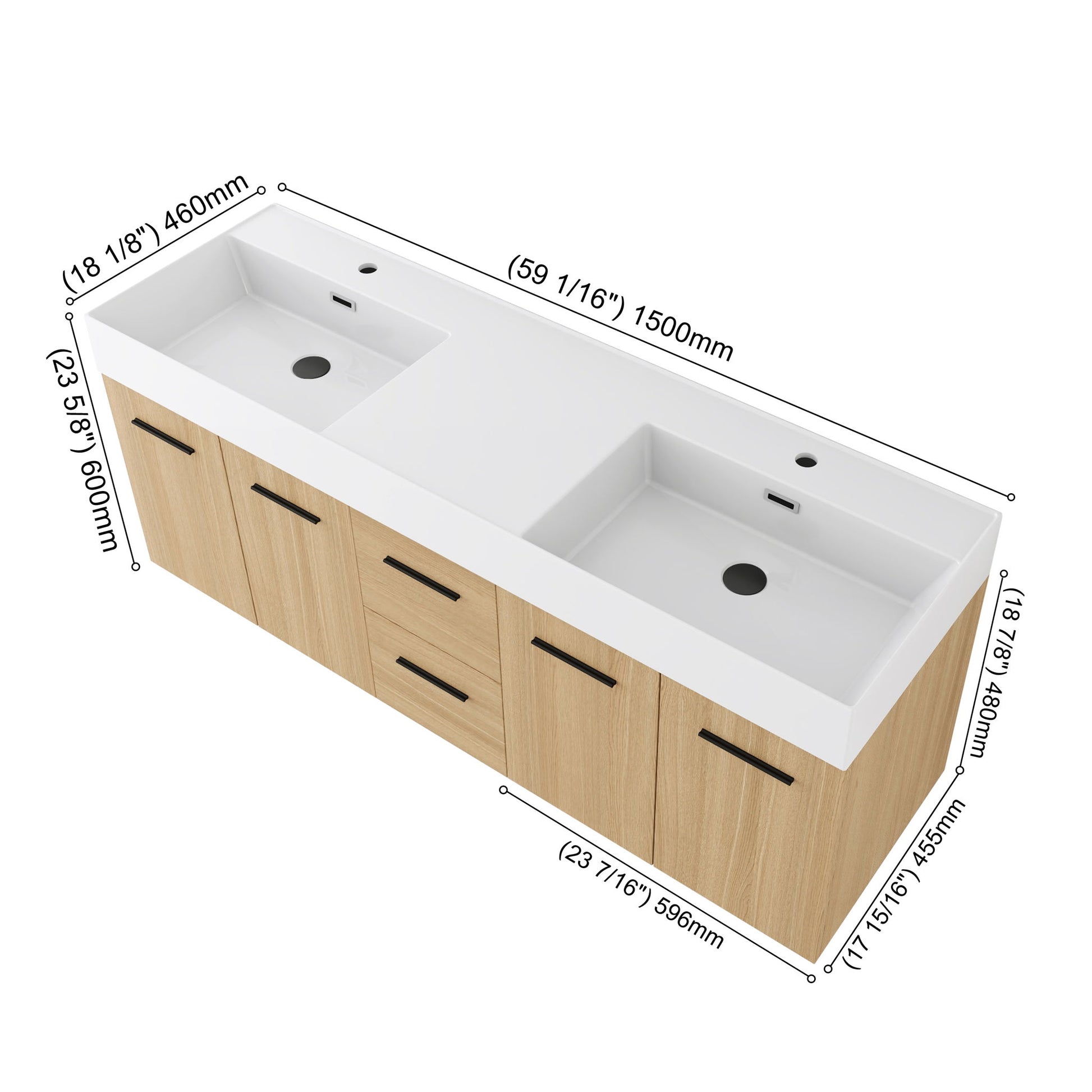 Floating Double Sink Bathroom Vanity With Drawers And Doors, Extra Large Storage, Integrated Sink, Soft Close Hardware - Glossy White / Light Oak