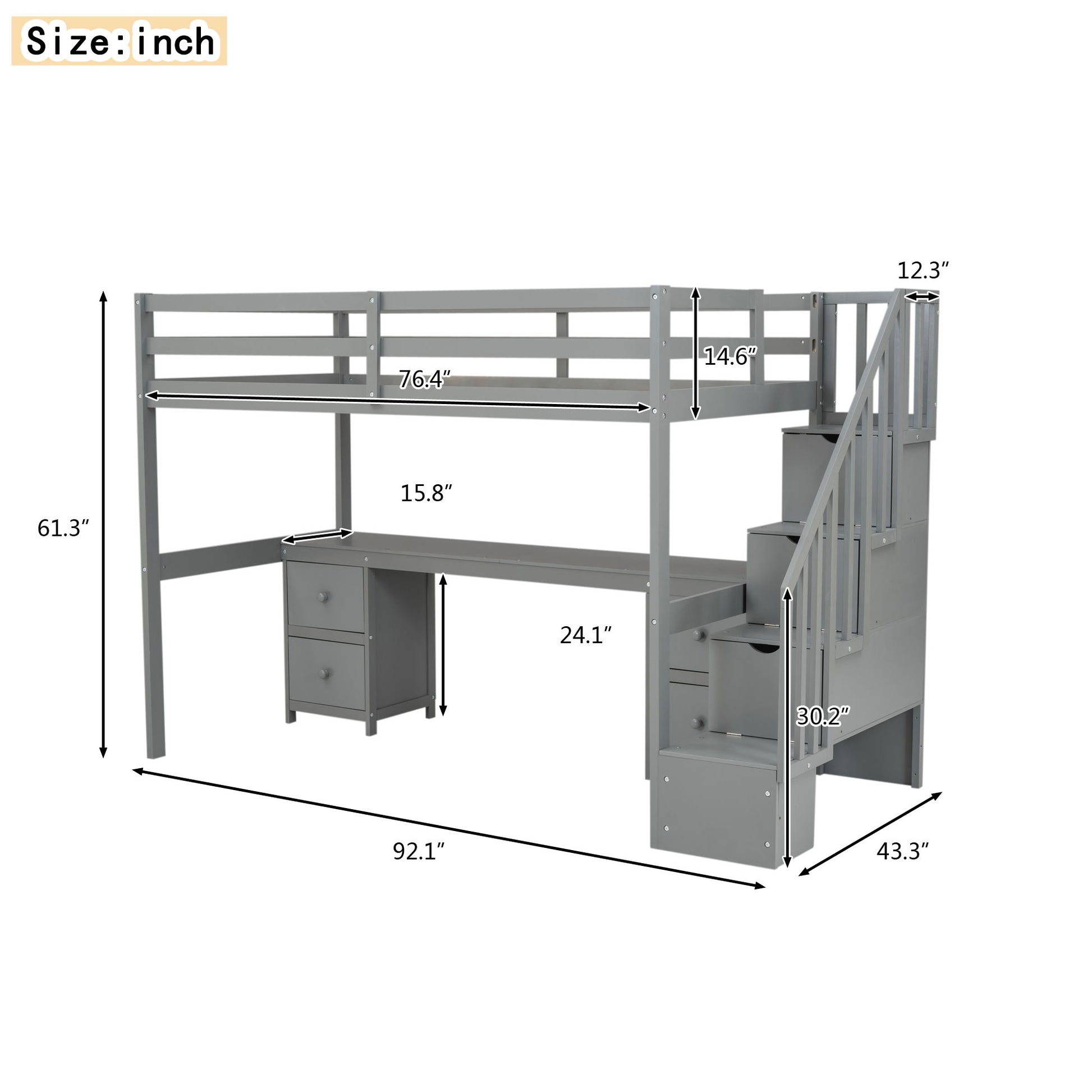 Loft Bed Frame With Built In Desk And Double Storage Drawers