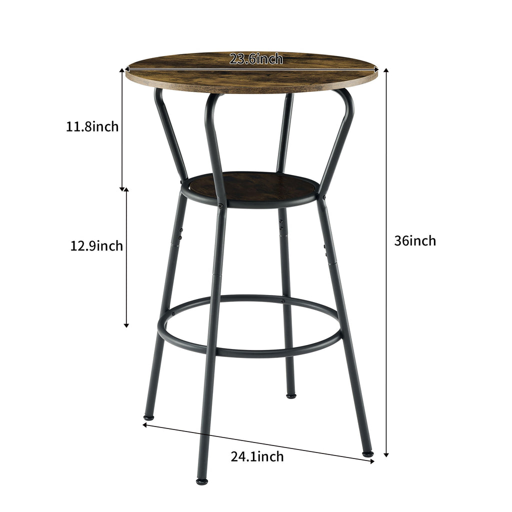Rustic Brown Round Bar Table And Stool Set With Shelf, Upholstered Stool With Backrest - Antique Brown
