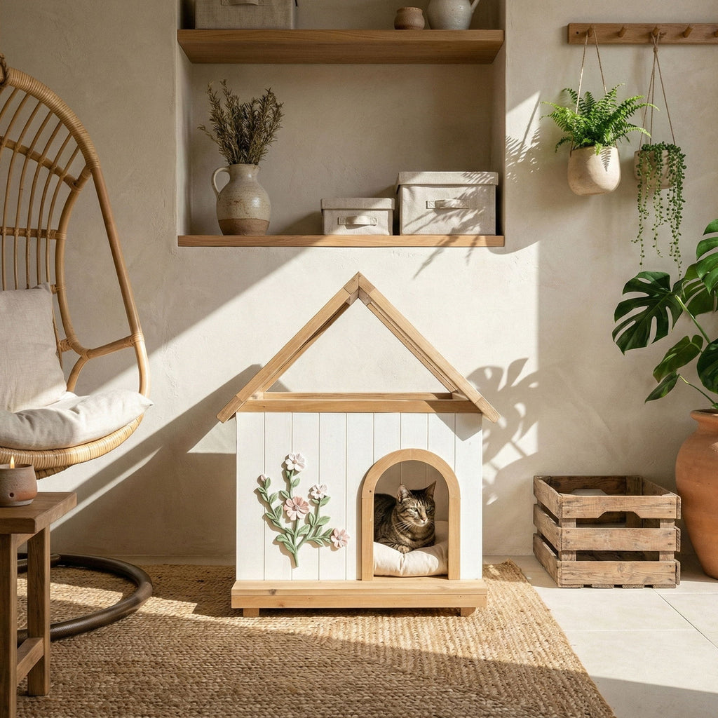 Daisy Cat House With Roof & Indoor Outdoor Pet Shelter For Cats & Small Dogs (11–25 Lbs) - White / Wood