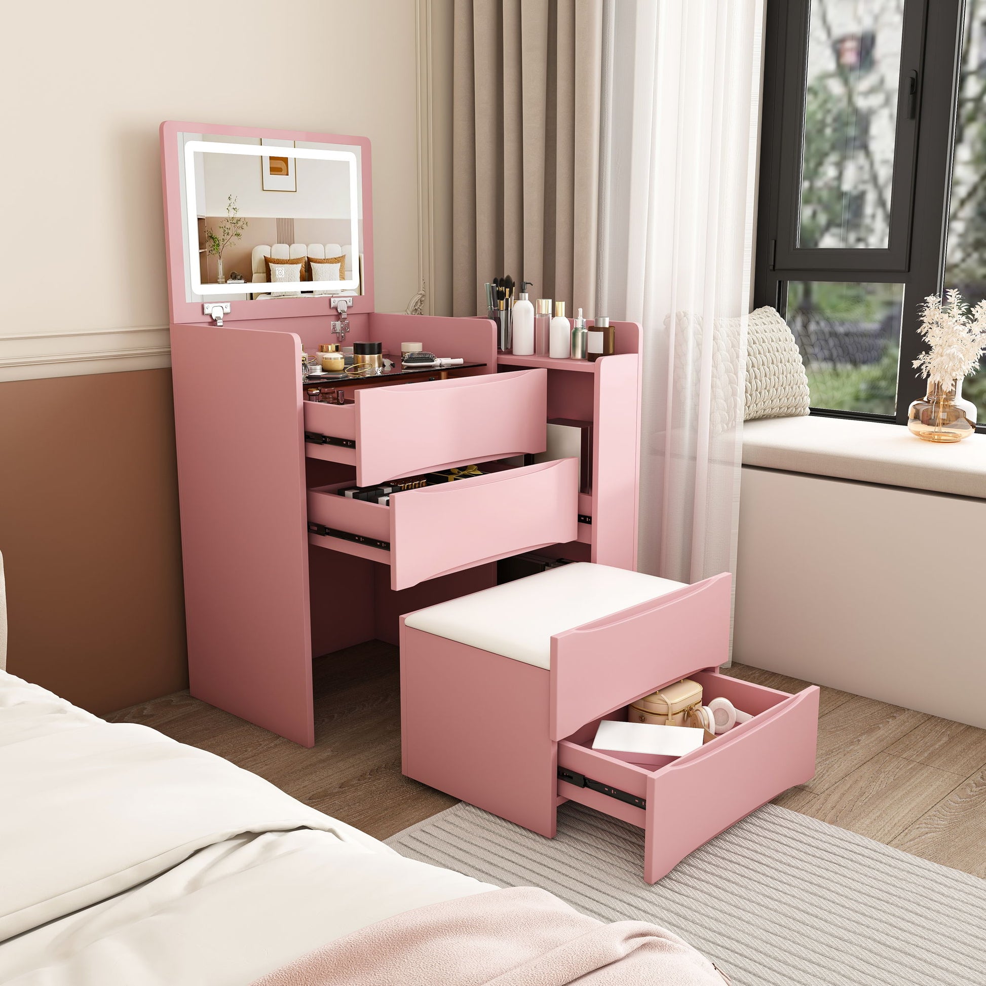 Flip Mirror Vanity Desk With Adjustable LED Lights & Stool For Bedroom