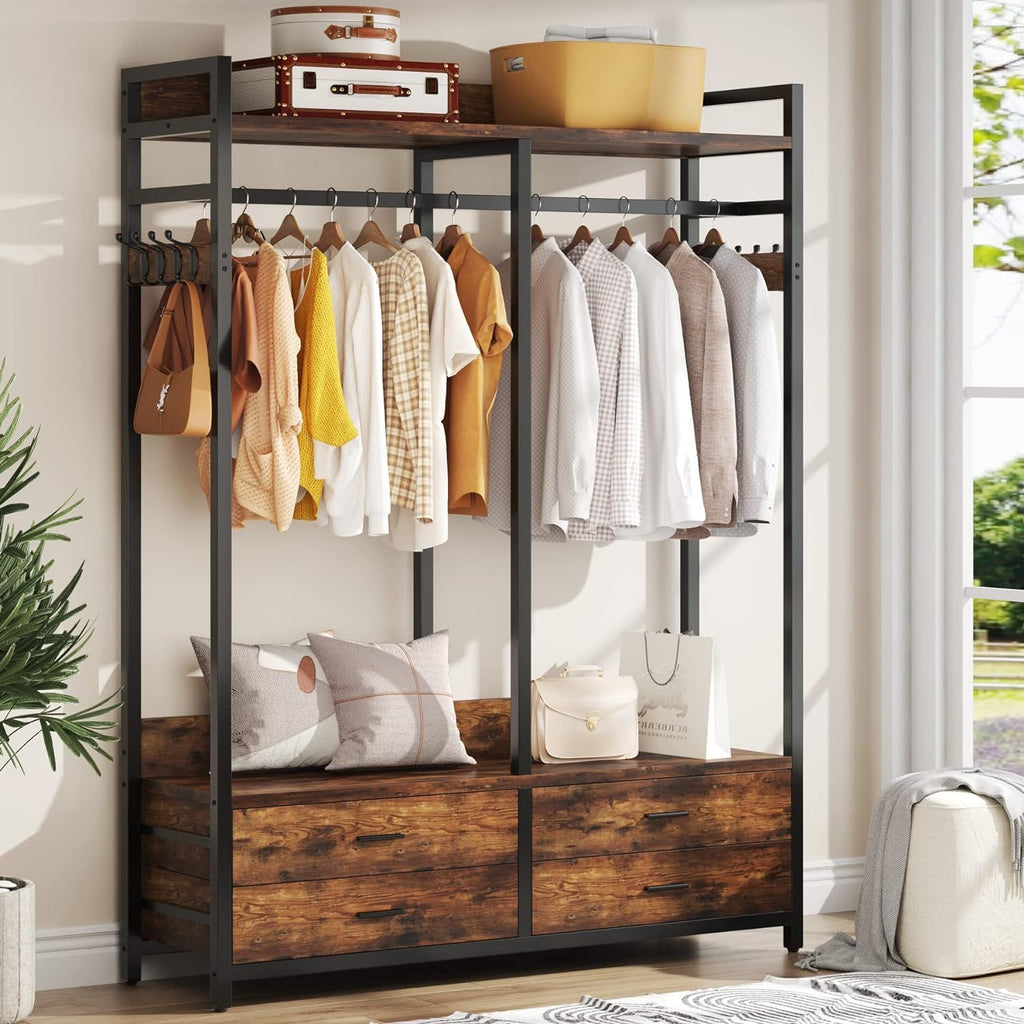 Freestanding Closet Organizer With 4 Drawers, 8 Hooks, Shelves, And Hanging Rod - Brown / Black