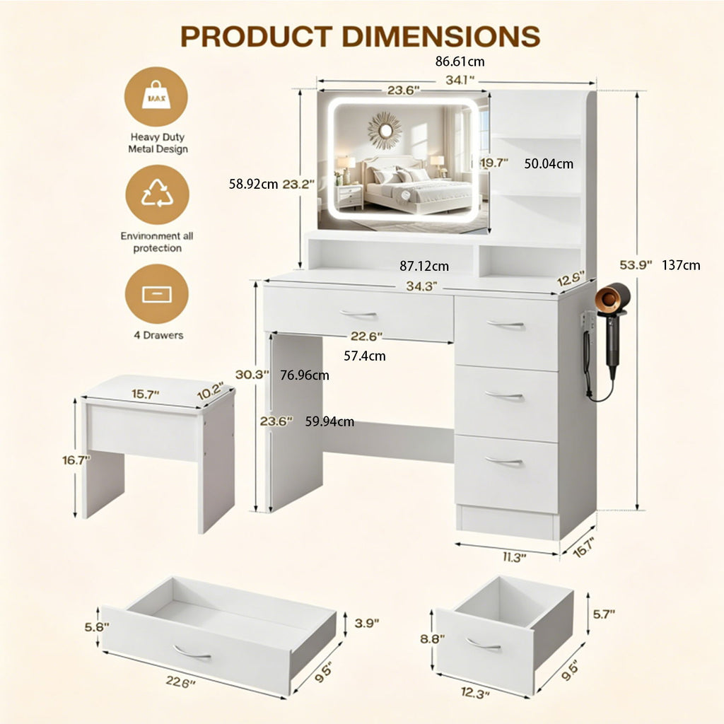 Vanity With LED Mirror And Storage Drawers For Bedrooms - Cream White