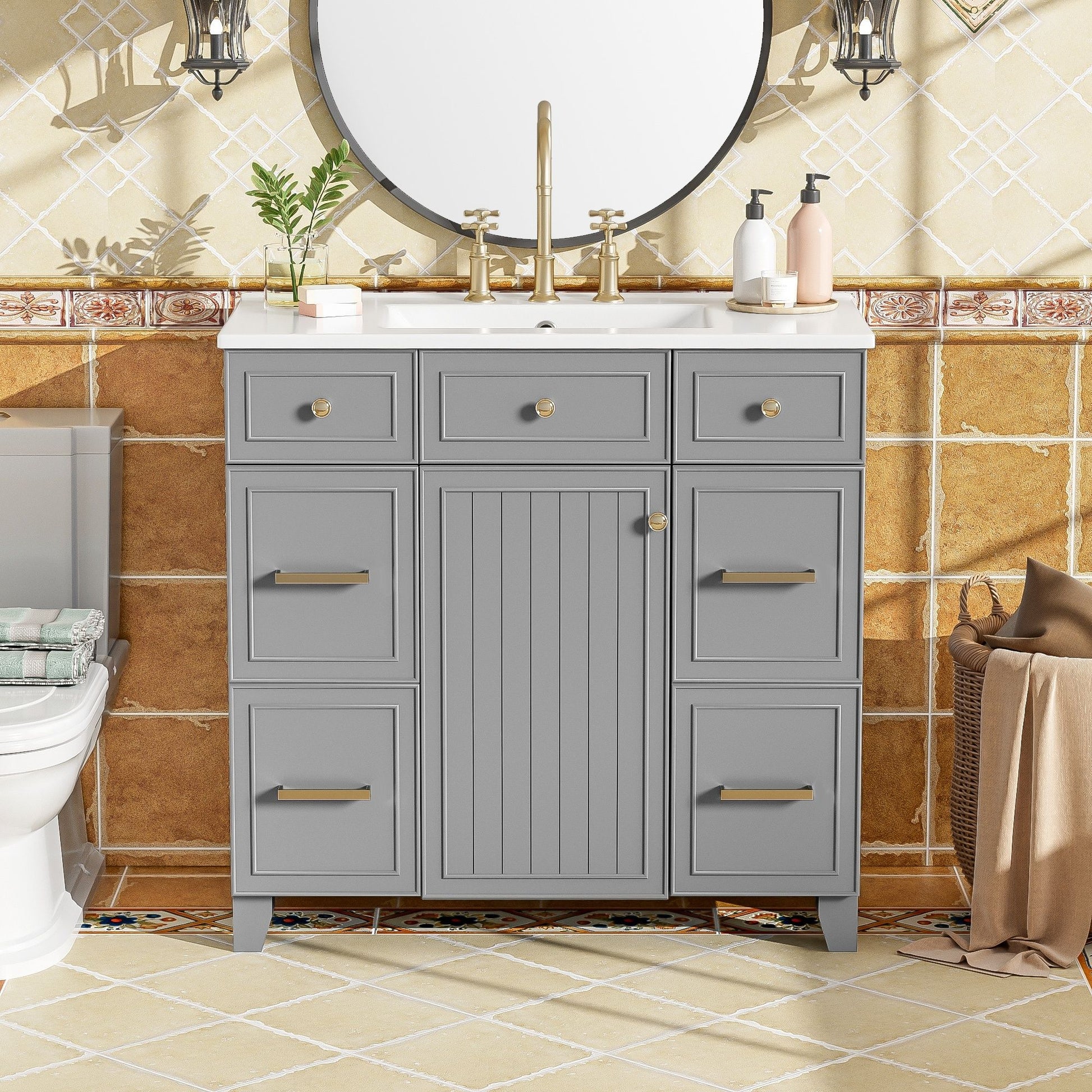 Bathroom Vanity With Ceramic Sink, Soft Close Doors, Adjustable Shelves