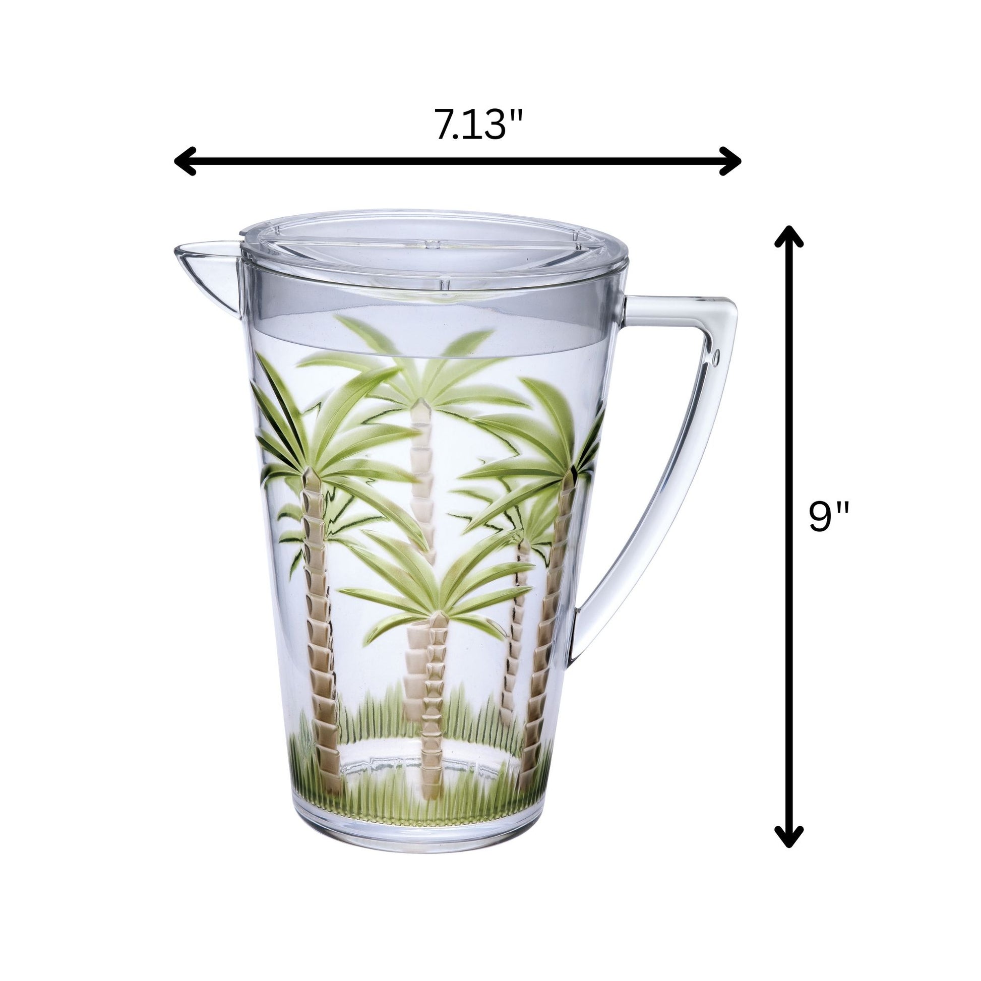 Unbreakable Plastic Water Pitcher With Lid, Palm Tree Design - Clear