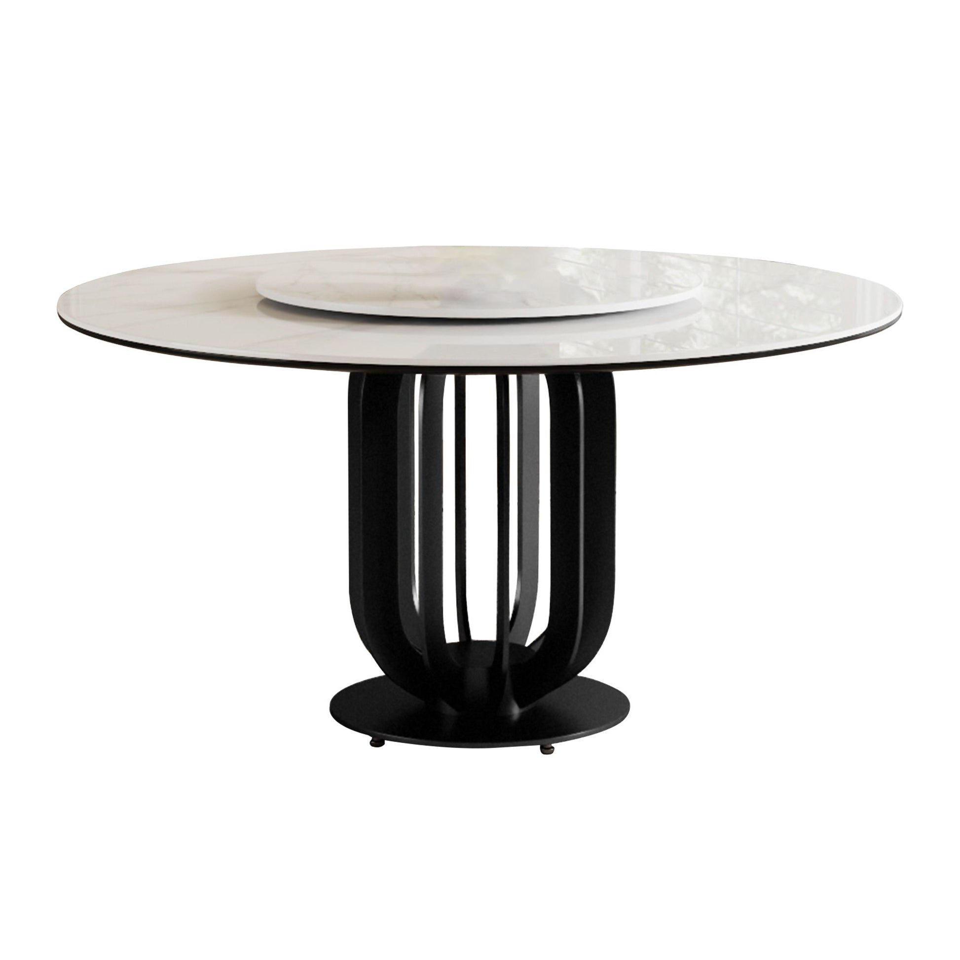 Round Dining Table With Carbon Steel Base And Lazy Susan / For Kitchen And Dining Room, 4 Chairs - Black / White