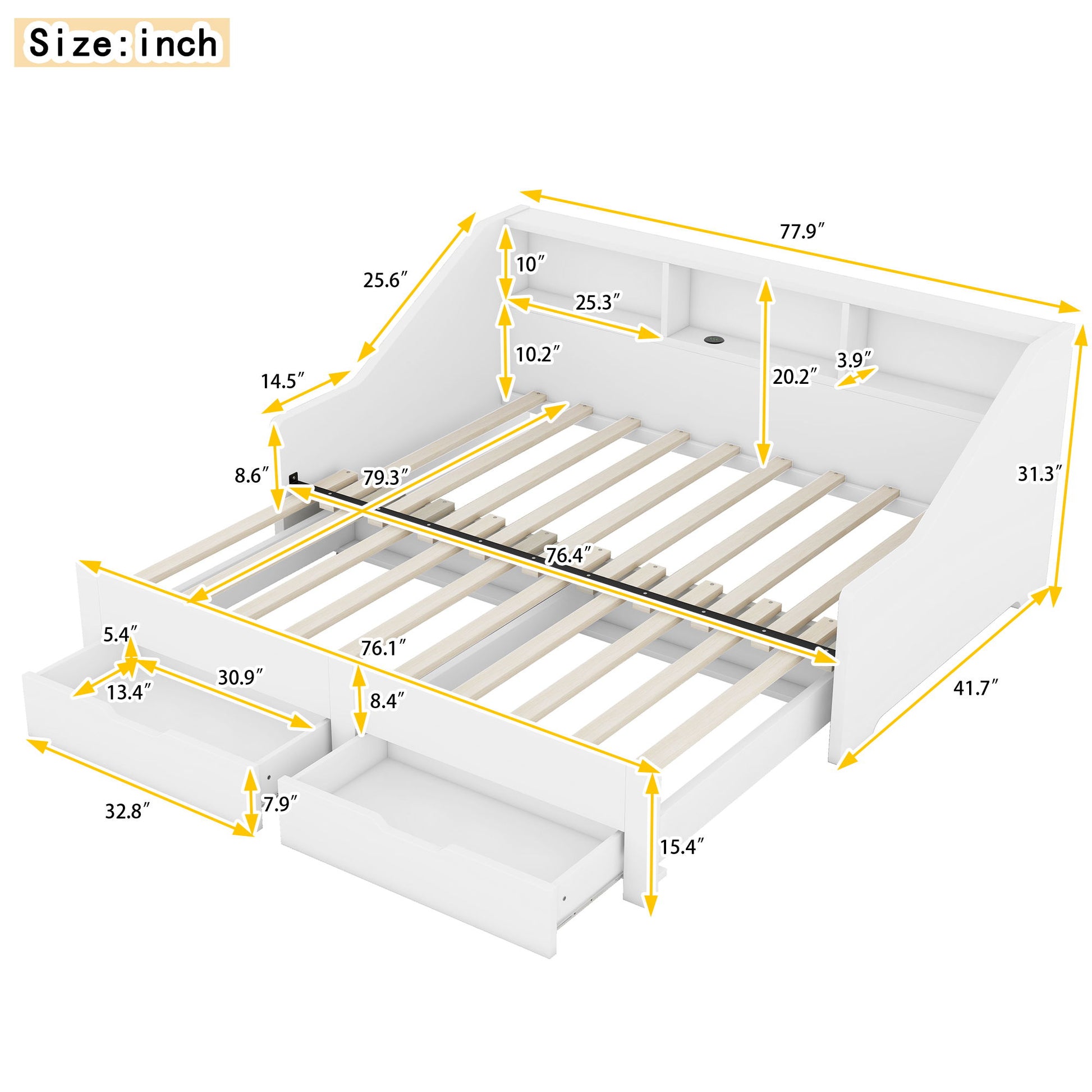 Daybed Frame With Storage Bookcases, 2 Drawers, Charging Station