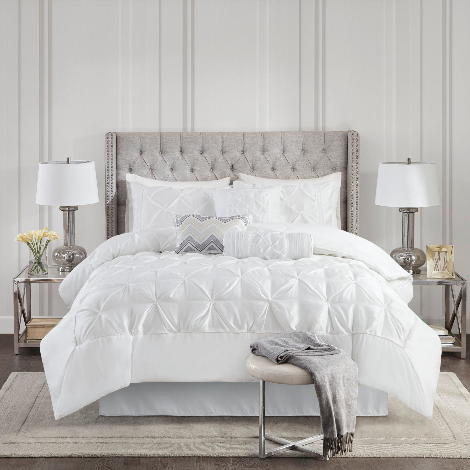 Laurel - King Pieced Pleated 7 Piece Tufted Comforter Set - White