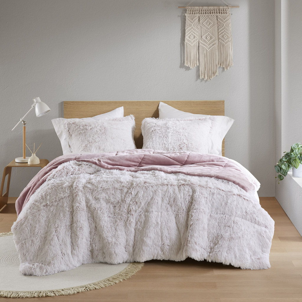 Malea - 3 Piece Full/Queen Shaggy Comforter Mini Set - Pink/White