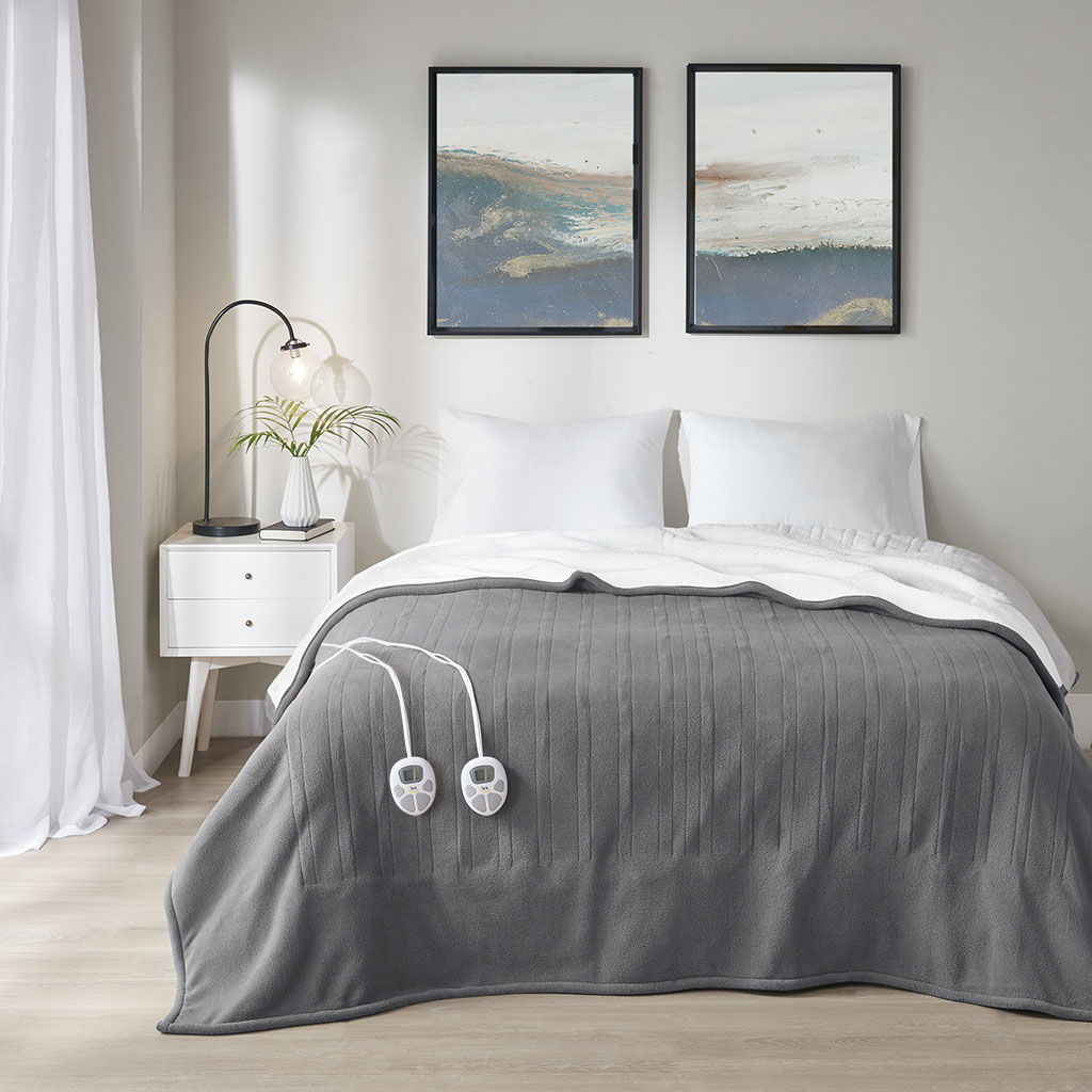 Fleece to Sherpa - Full Heated Blanket - Dark Gray