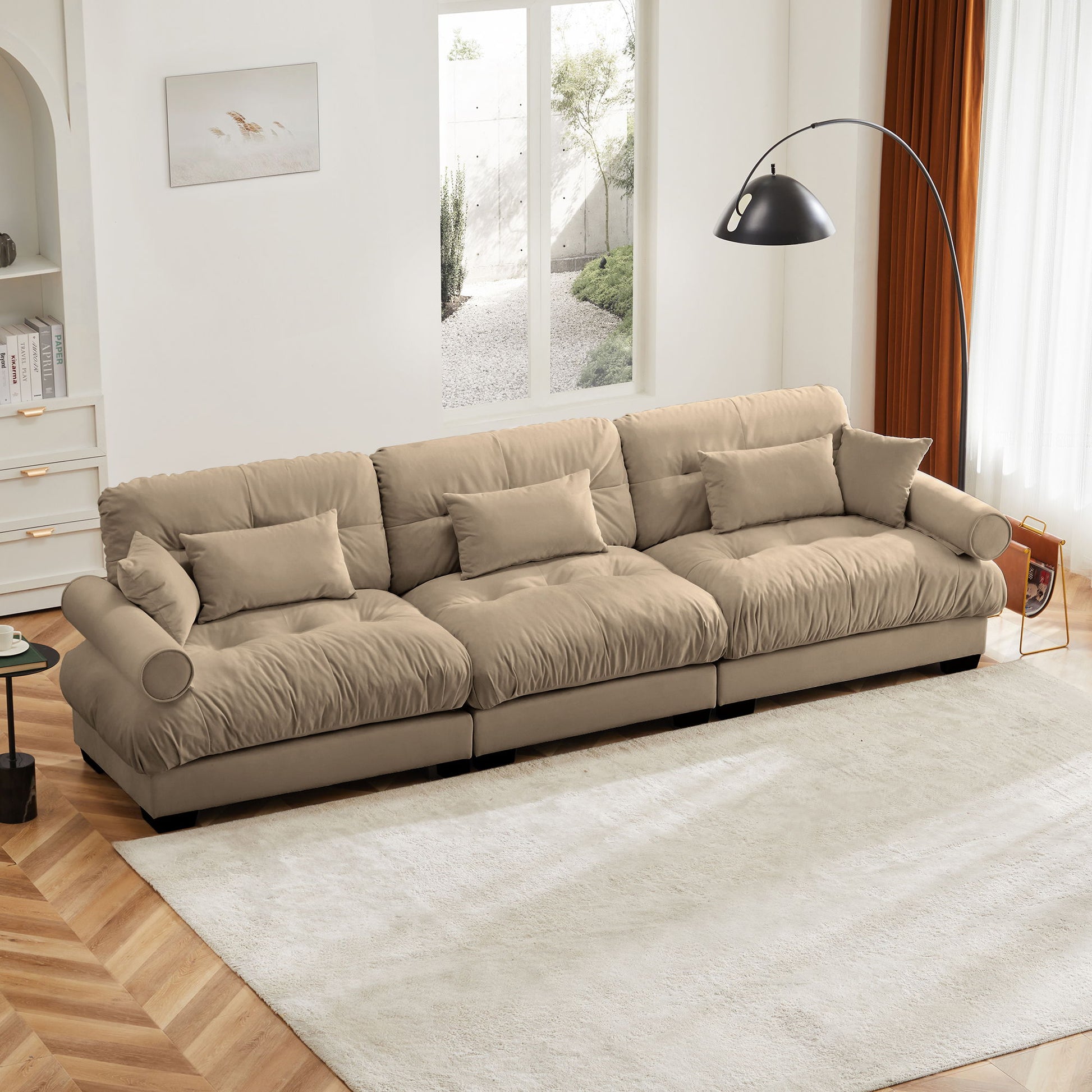 Modern Velvet Sofa With Bolstered Armrests And Pillows