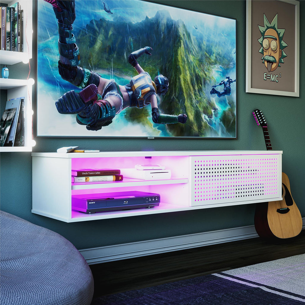 Glitch - Floating TV Stand For TVs Up To 60" With RGB Lighting And Sliding Door - White
