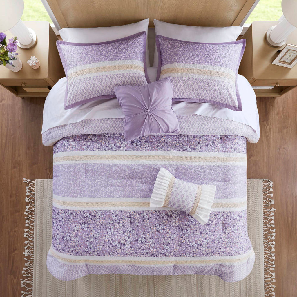 Caralie - 5 Piece Seersucker Comforter Set With Throw Pillows - Purple