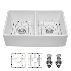 Double Bowl Apron Front Kitchen Sink 32", Sturdy And With Scratch Resistant - White