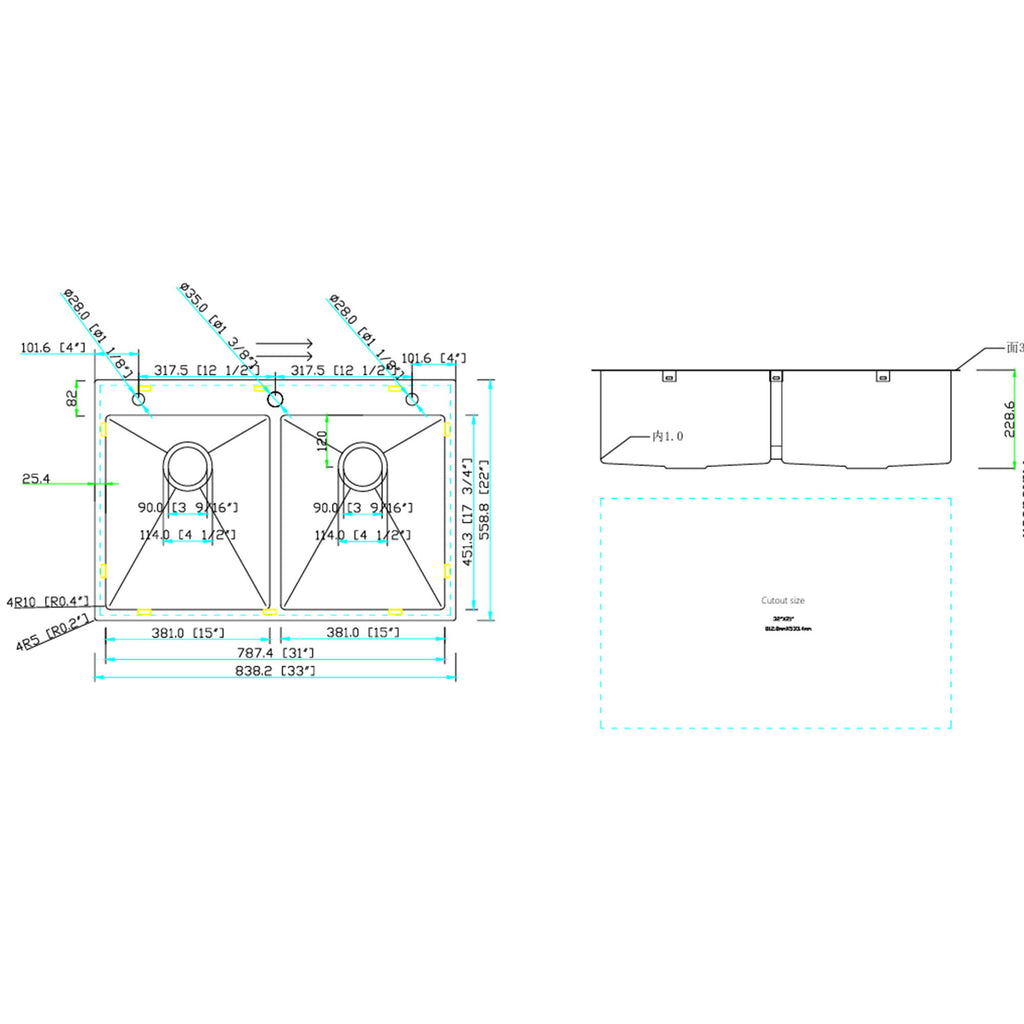 Double Bowl Drop-In Sink With 2 Basins