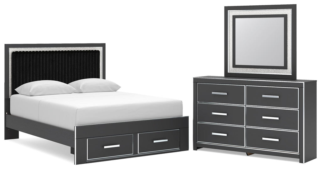 Zuraleus - 3 Pc. - Queen Upholstered Panel Platform Storage Bed, Dresser And Mirror - Black