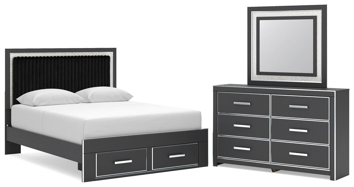 Zuraleus - 3 Pc. - Queen Upholstered Panel Platform Storage Bed, Dresser And Mirror - Black