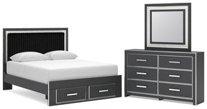 Zuraleus - 3 Pc. - Queen Upholstered Panel Platform Storage Bed, Dresser And Mirror - Black