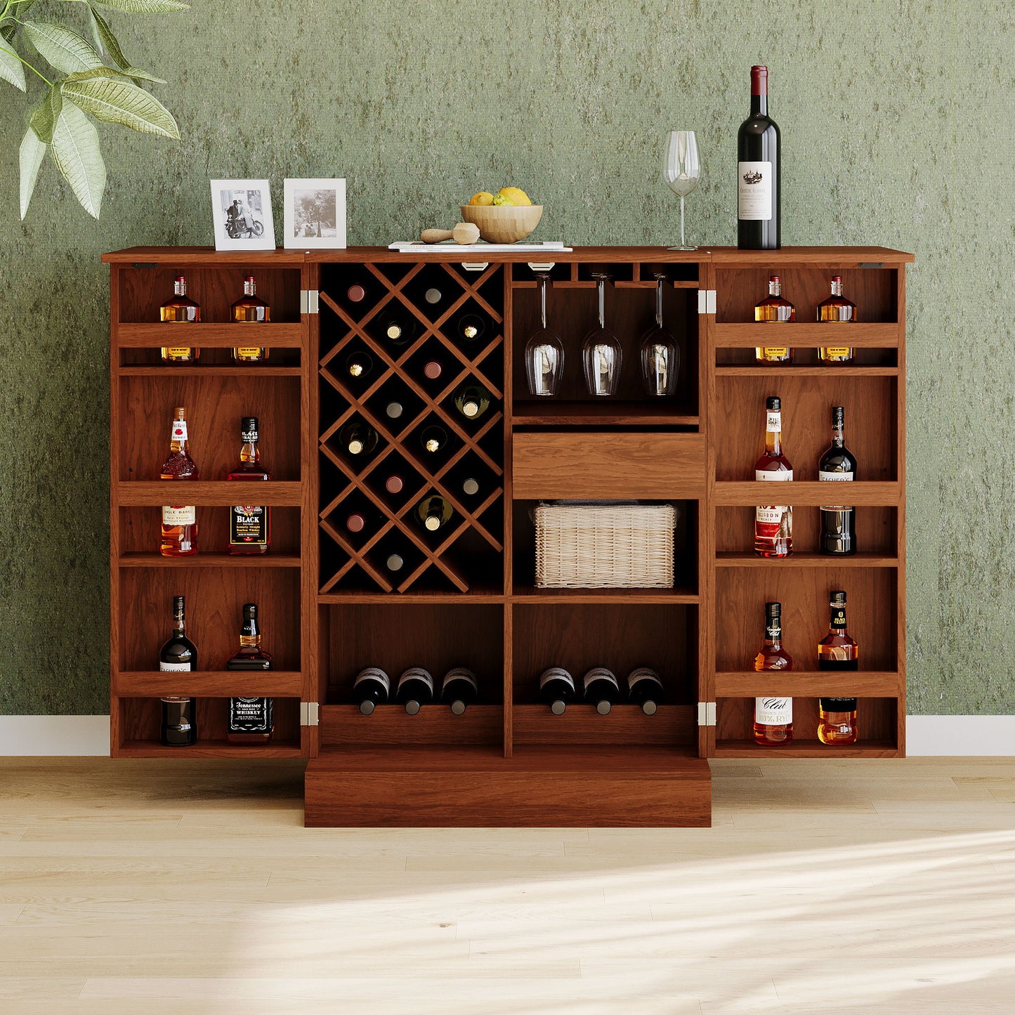 Home Bar Cabinet, Industrial Rattan Door Fold Out Bar Cabinet With Storage Bar Table - Walnut