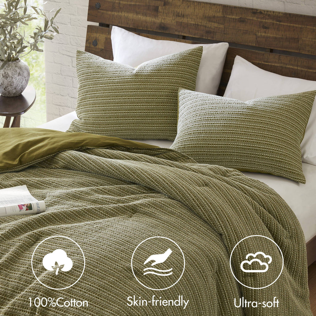 Lyon - 3 Piece King/California King Waffle Washed Comforter Set - Green