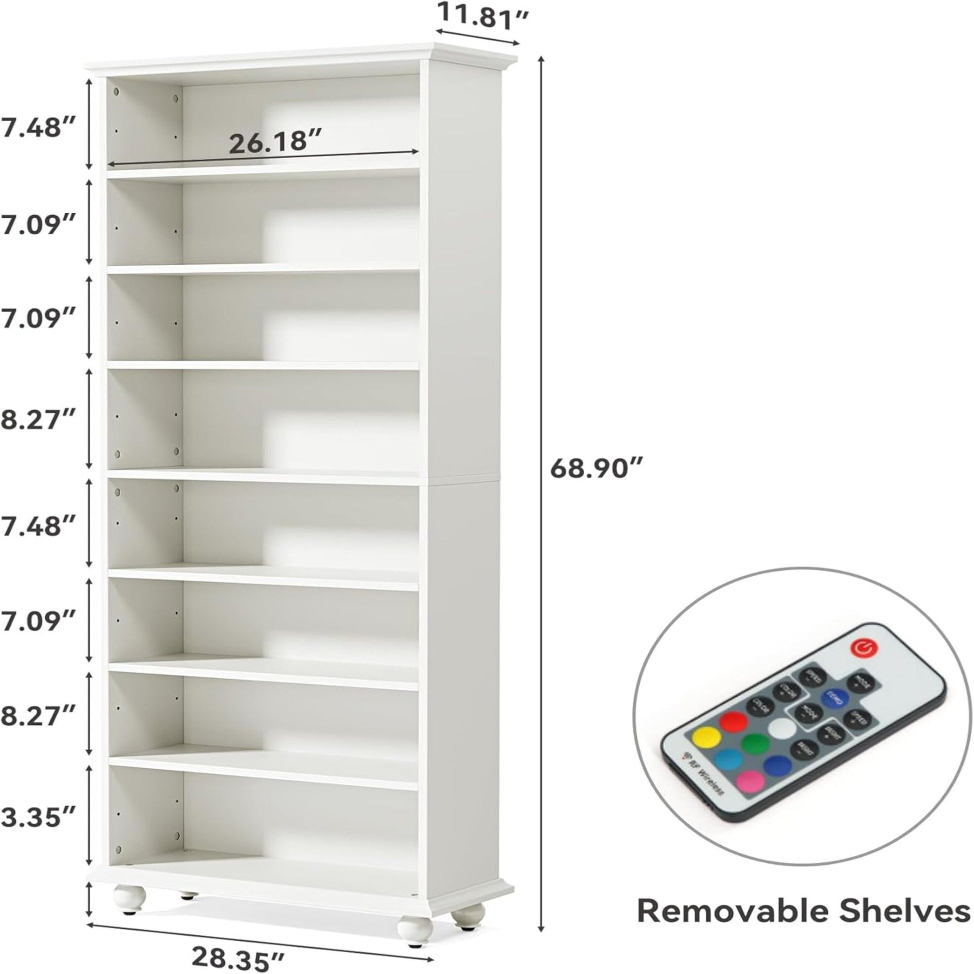 8 Tier Led Illuminated Shoe Cabinet With Adjustable Shelves, Storage Rack For 26 Pairs - White