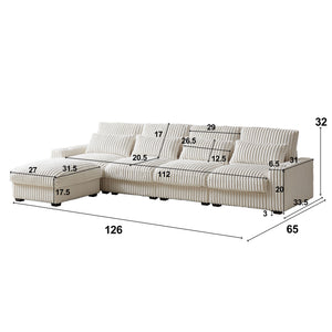 Corduroy With Cup Holder Super Large L Shaped Sofa, Movable Footrest, 4 Waist Pillows And 4 Back Cushion, With USB Port And Type - C Port - Beige
