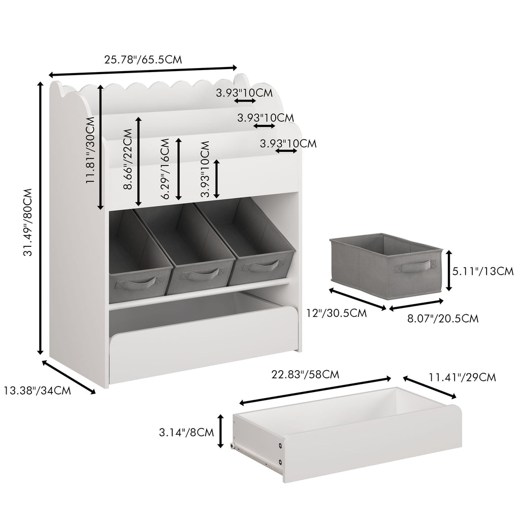 Bookshelf With Storage Bins And Drawer, Multi Functional Book Organizer For Toddlers - White