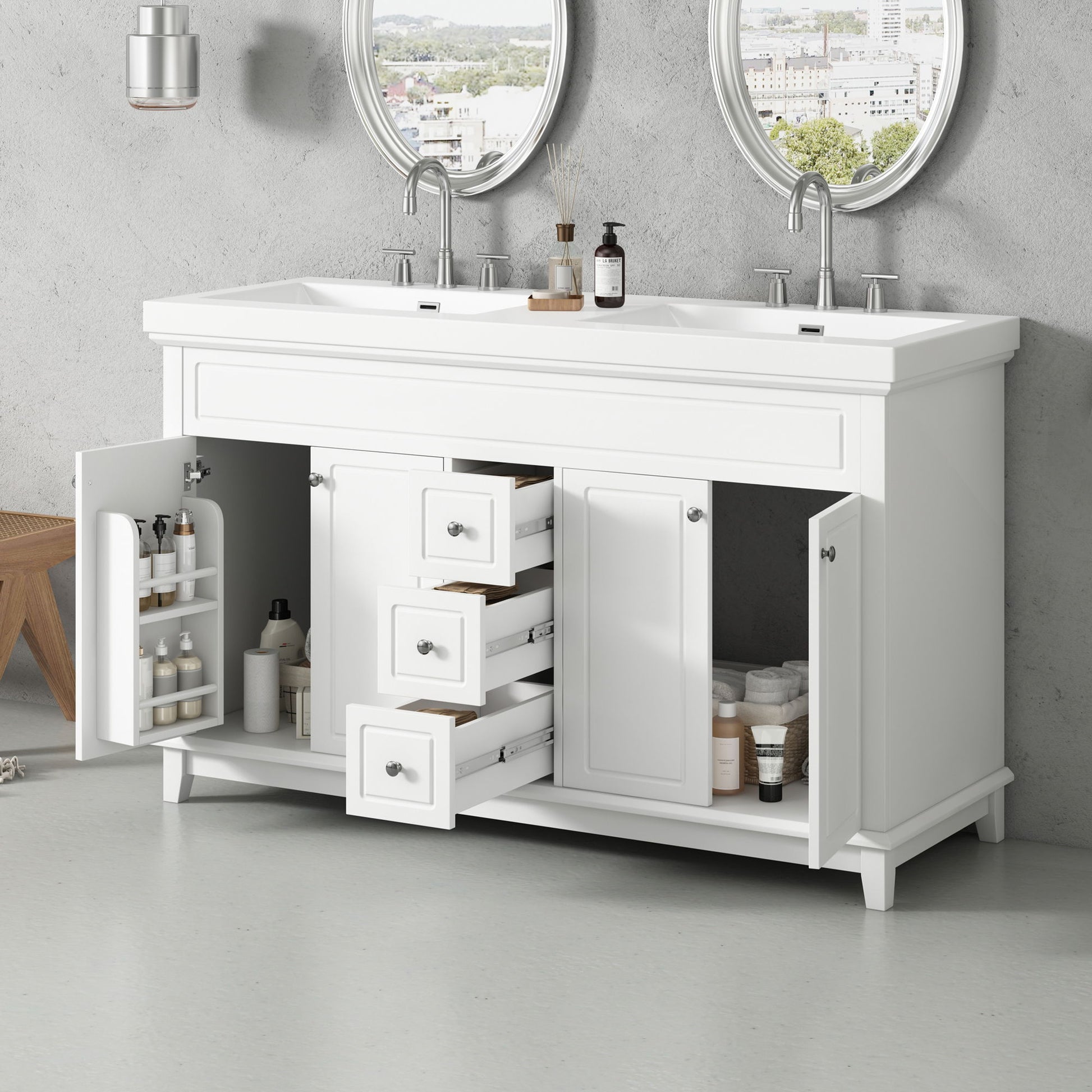 Bathroom Vanity With Double Sinks, 3 Drawers & 4 Doors - White