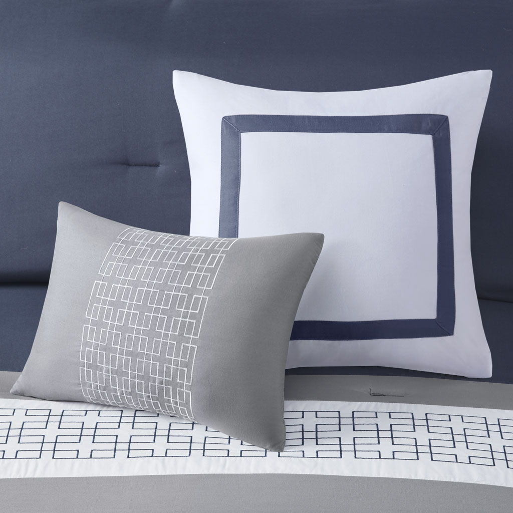 Powell - California King Embroidered Comforter (Set of 8) - Navy