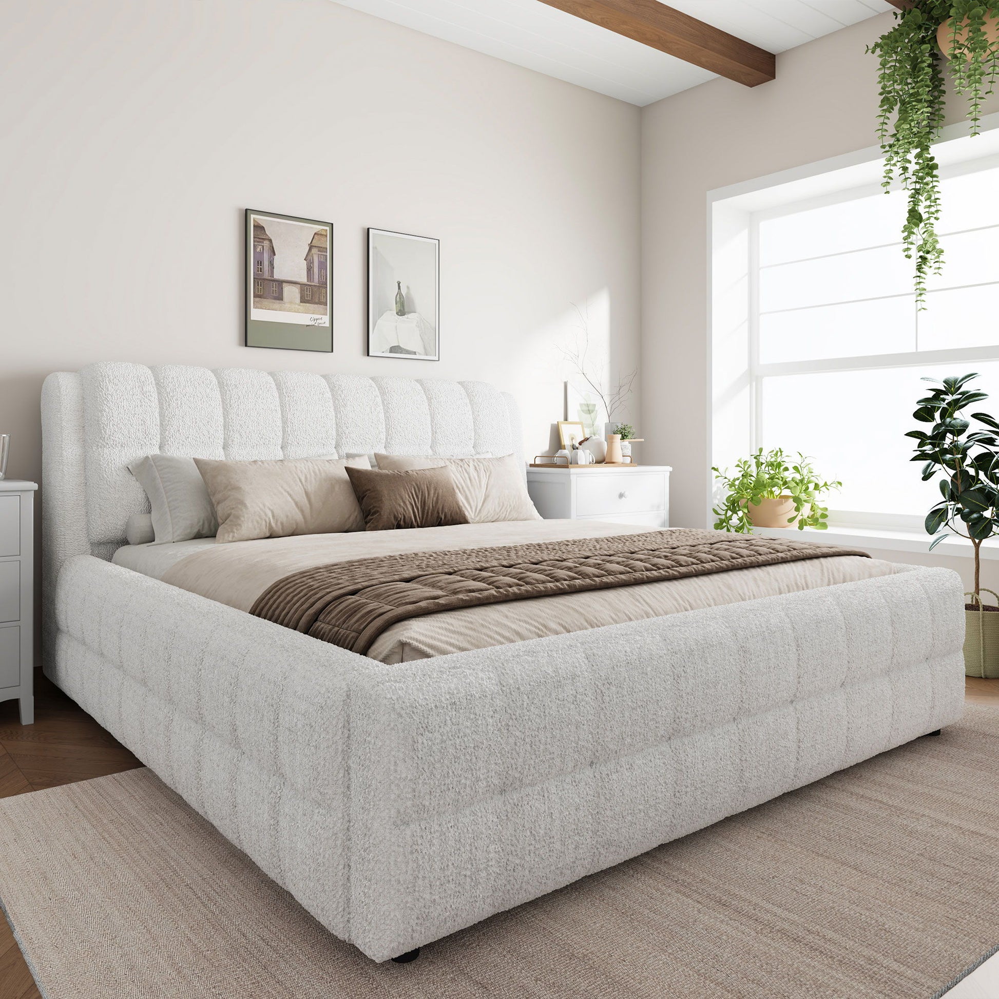 Upholstered Platform Bed With Stitching Details