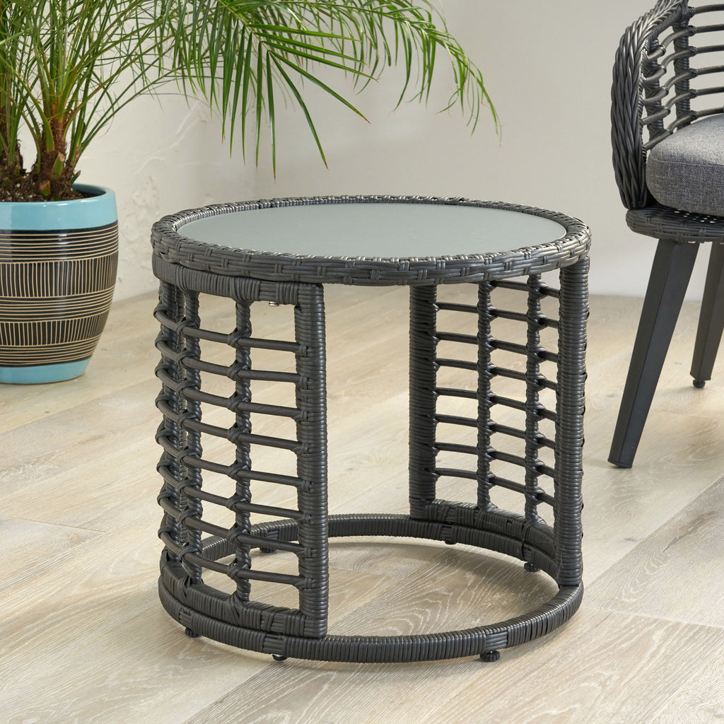 Achill - Outdoor Modern Boho Wicker Side Table With Glass Top - Gray