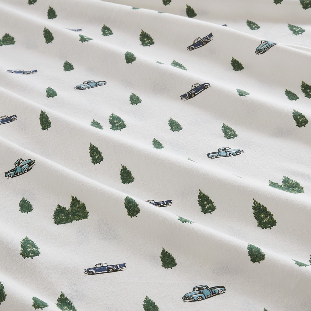 Flannel - 4 Piece California King Sheet Set - Green Trees & Trucks