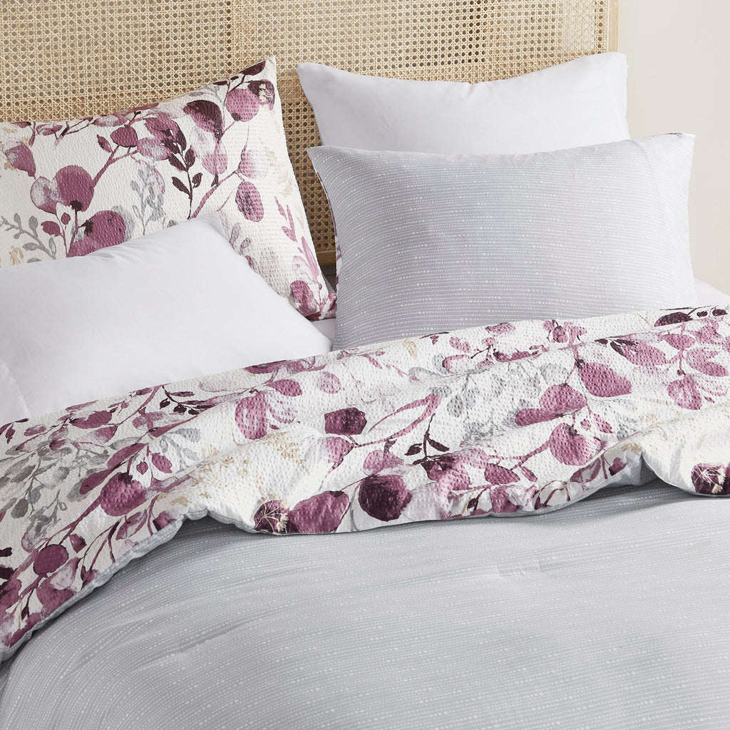 Gabby - King/California King Reversible Floral Botanical Seersucker Comforter Set - Plum/Gray