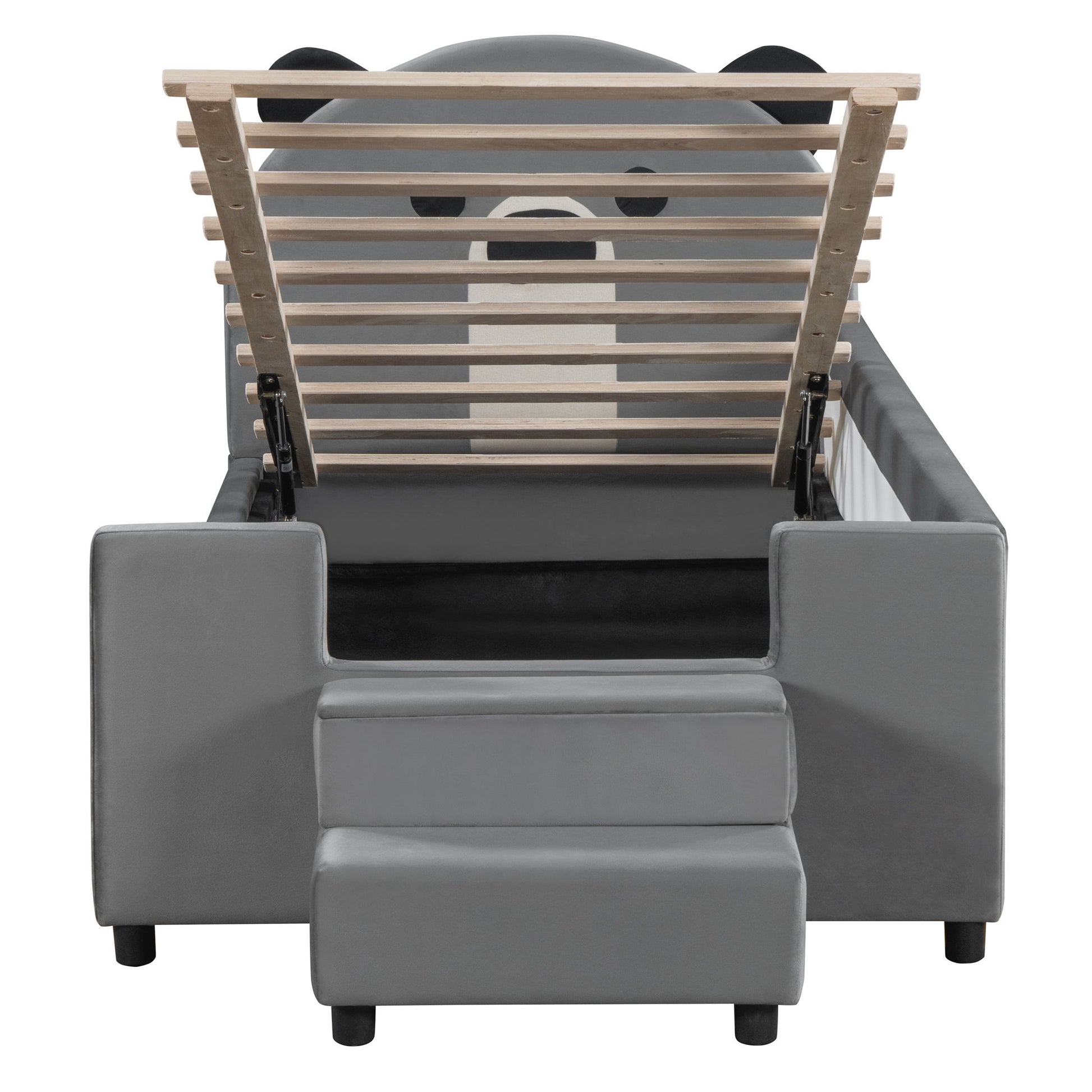 Upholstered Daybed With Bear Shaped Headboard, Hydraulic System And Breathable Mesh Fence