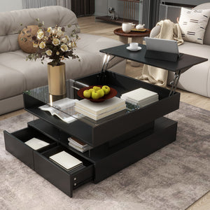 Lift Top Coffee Table With 2 Drawers, Hidden Space And LED Lights For Living Room - Black