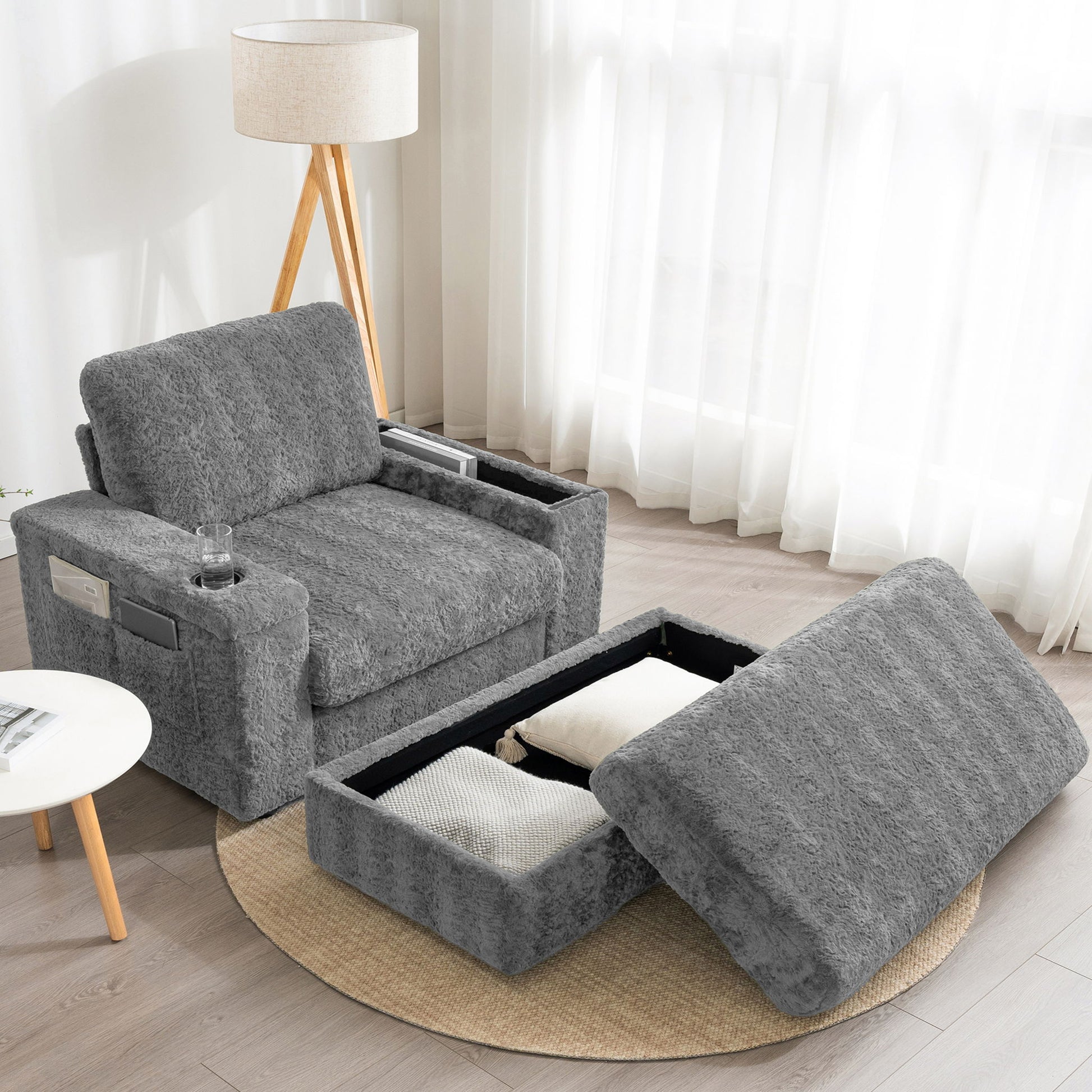 Oversized Chaise Lounge Indoor Rabbit Fur Sofa Bed With Storage Ottoman And Armrests Cup Holders With Deep Seat