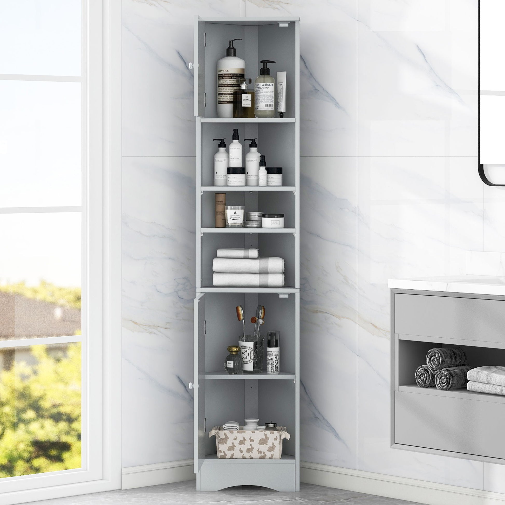 Multi Functional Corner Cabinet With Adjustable Shelves And 2 Doors