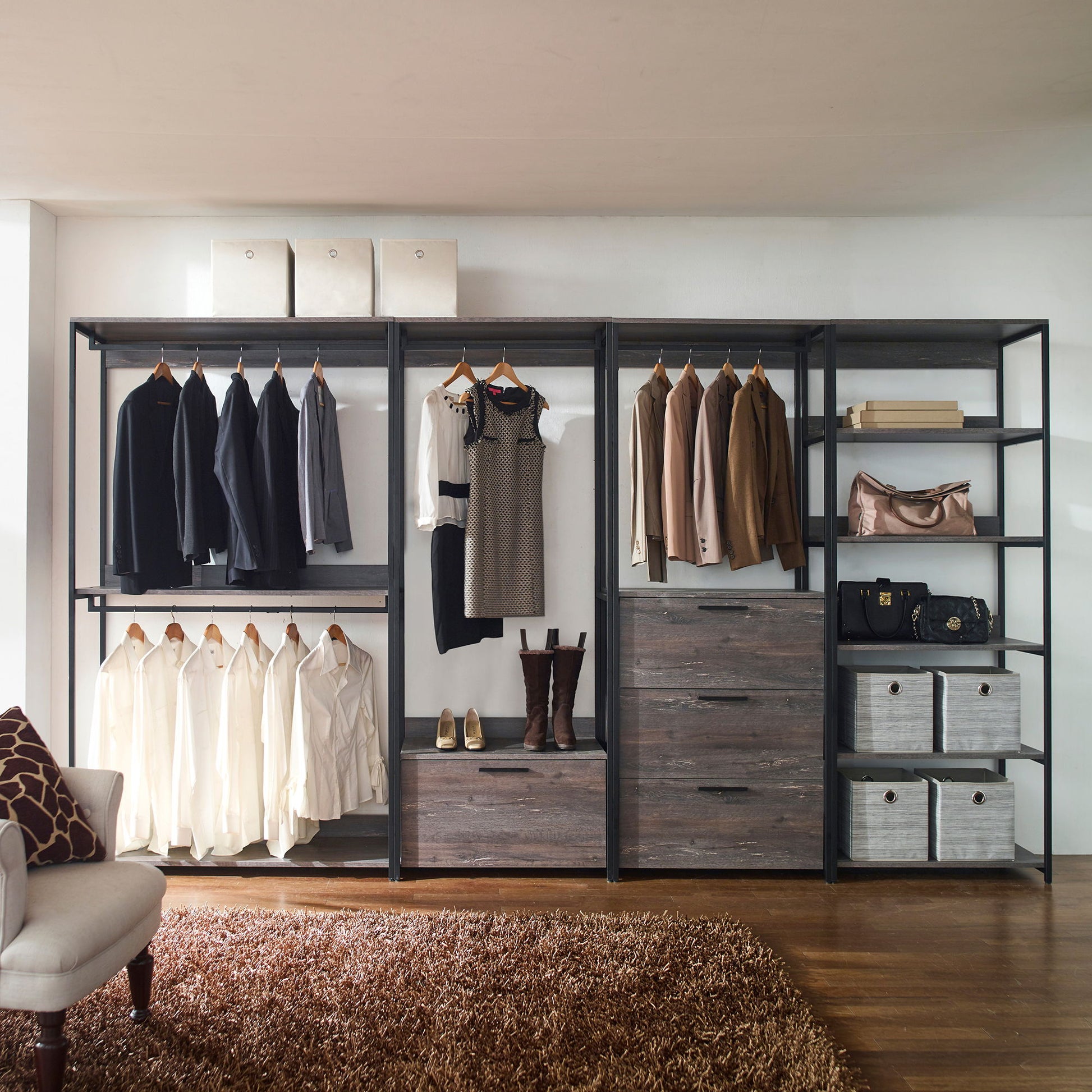 Monica - Wood Walk In Closet System, Powder Coated Metal Frame And Melamine - Rustic