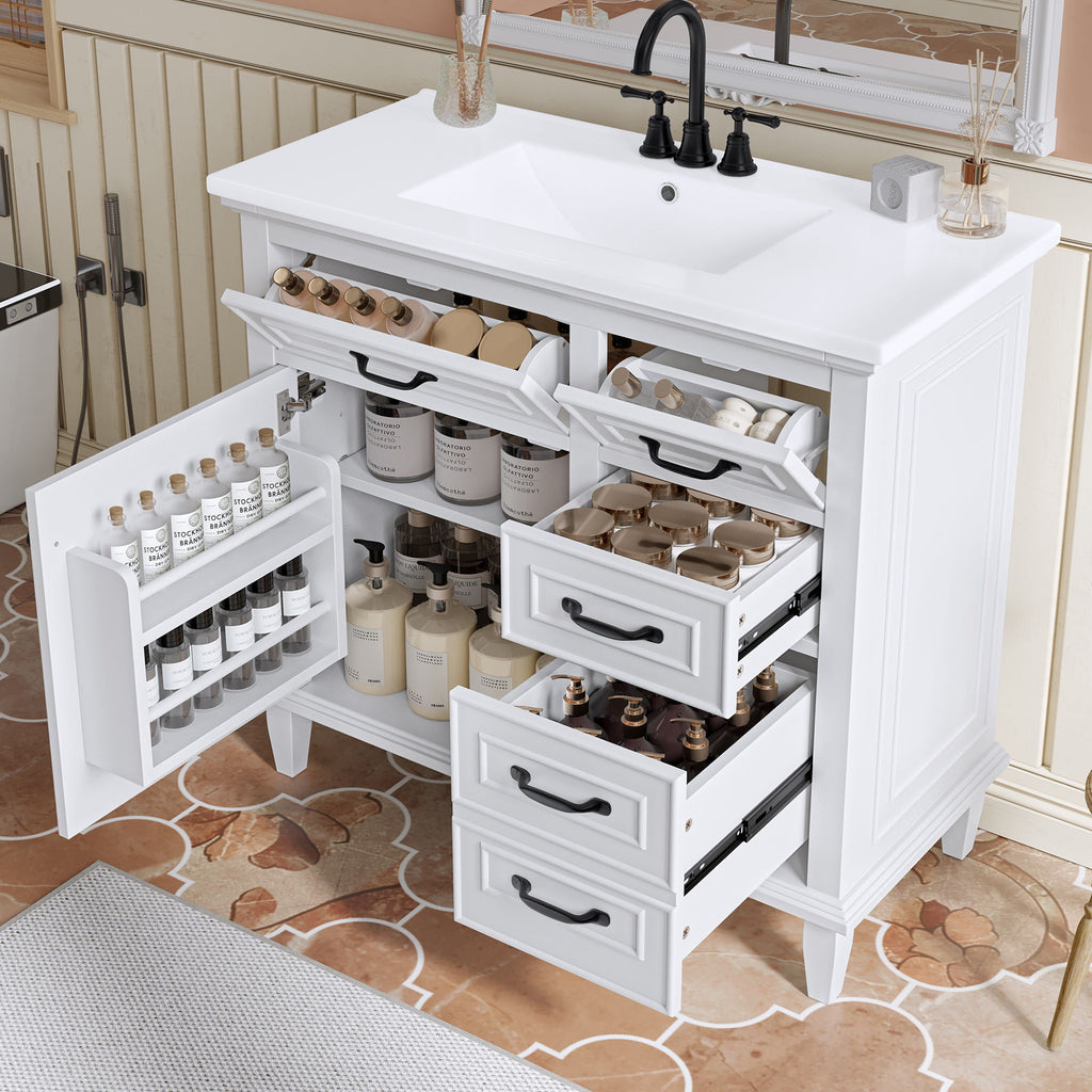 Modern Bathroom Vanity With Sink Top, Flip Drawers, Adjustable Shelf