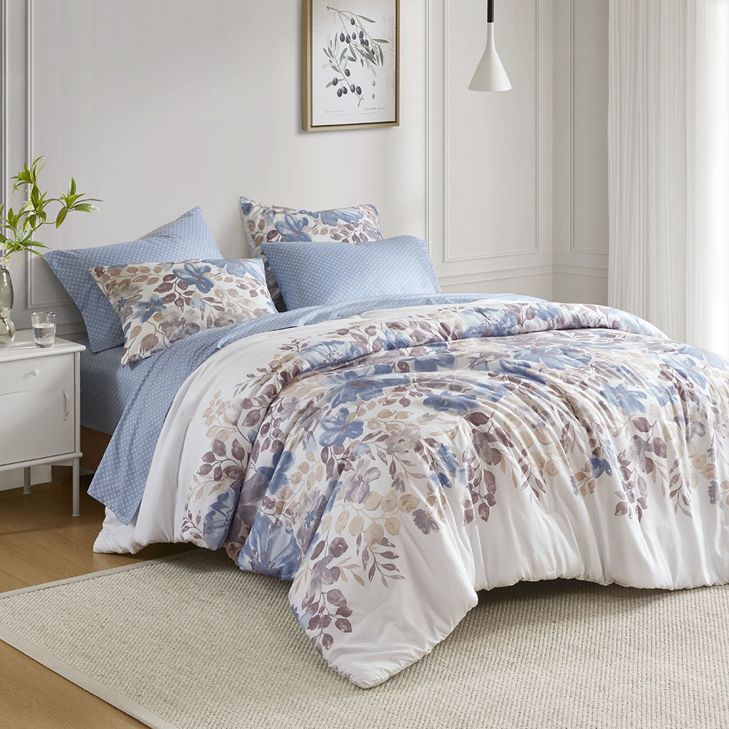 Luna - Floral Full Comforter Set With Bed Sheets - Blue