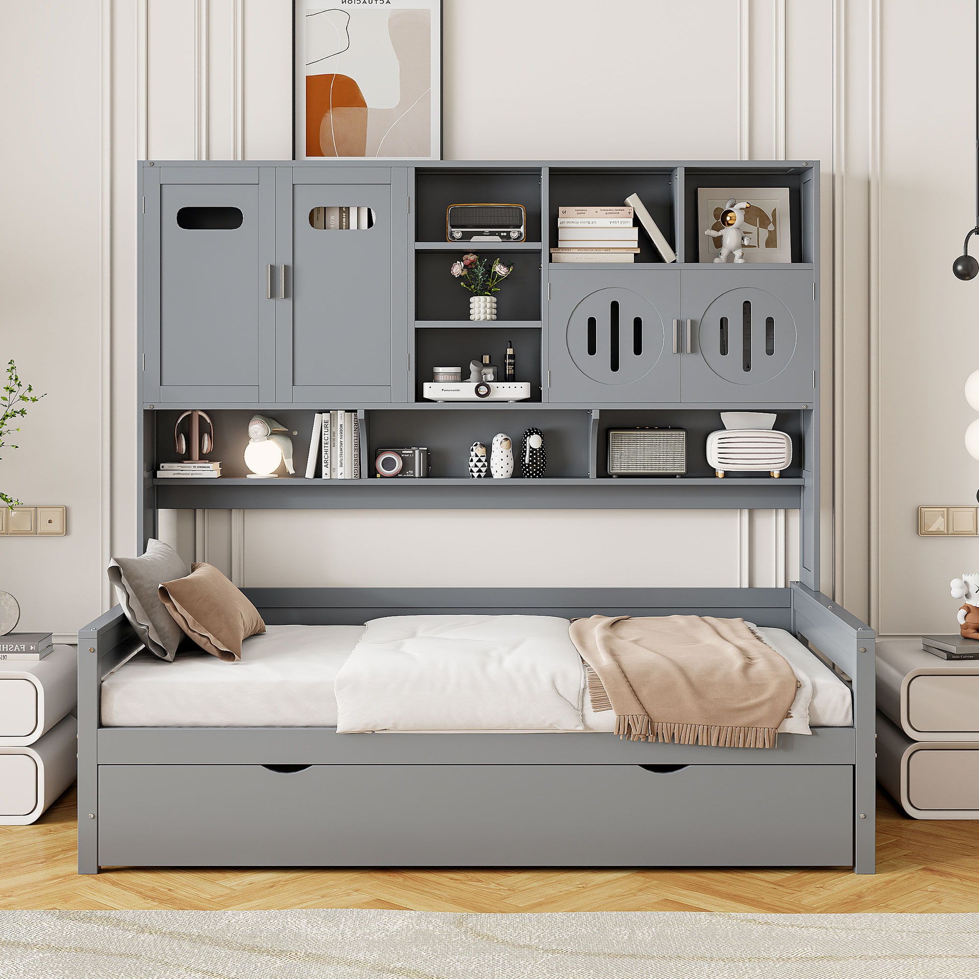 Daybed With All-In-One Cabinet And Shelf