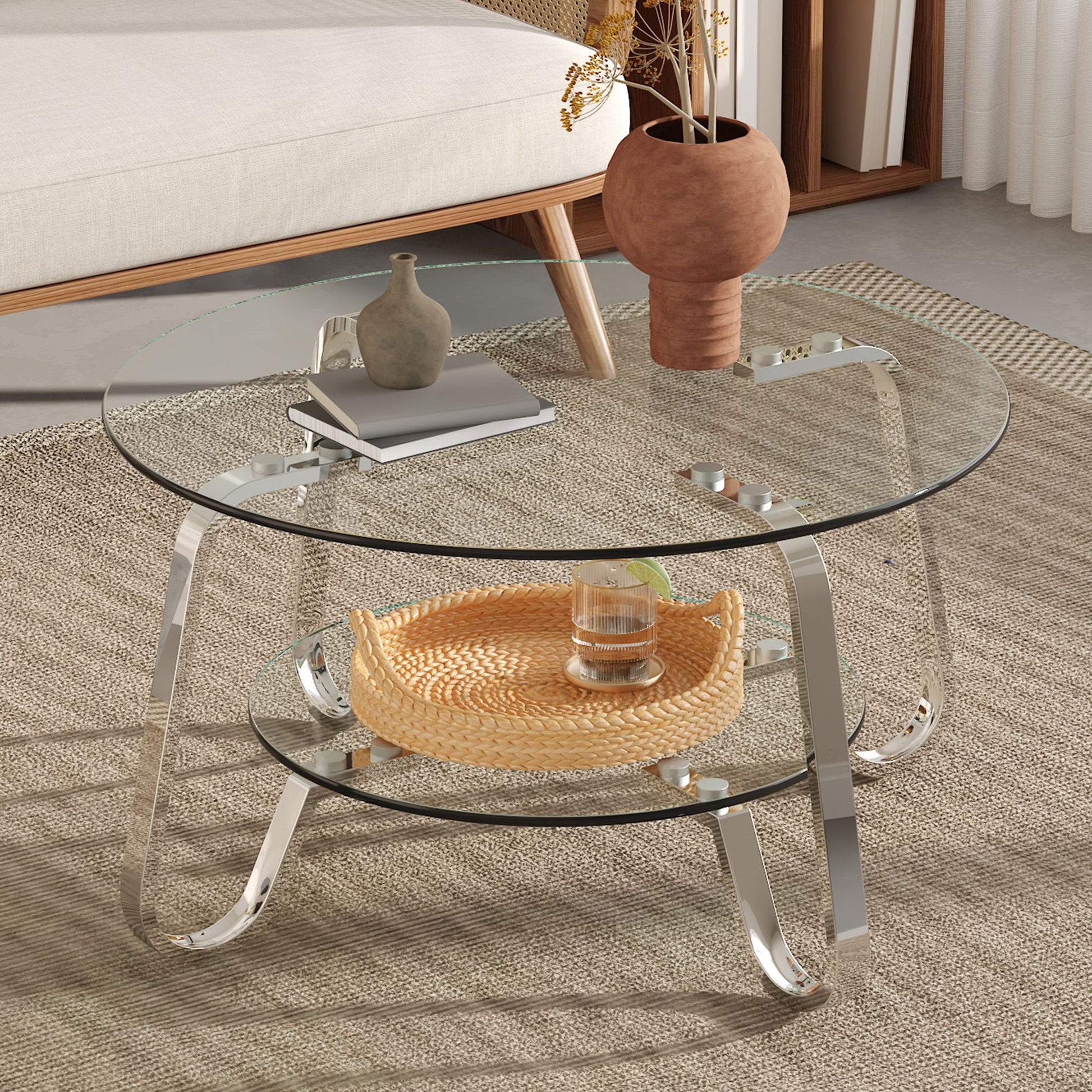 Retro Minimalist Style Metal Frame Double Layer Tempered Glass Coffee Table