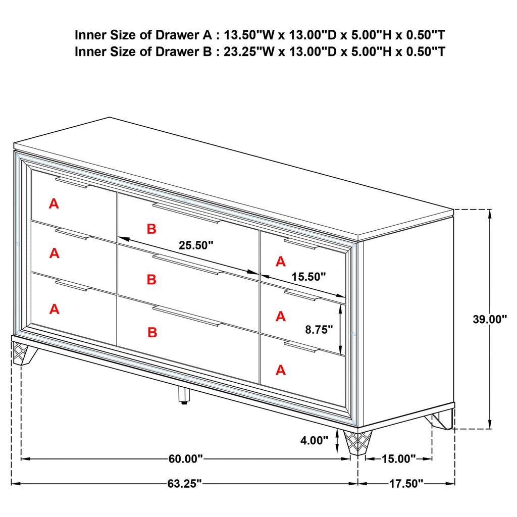 9 Drawer Dresser Cabinet With Picture Framed Fronts - White