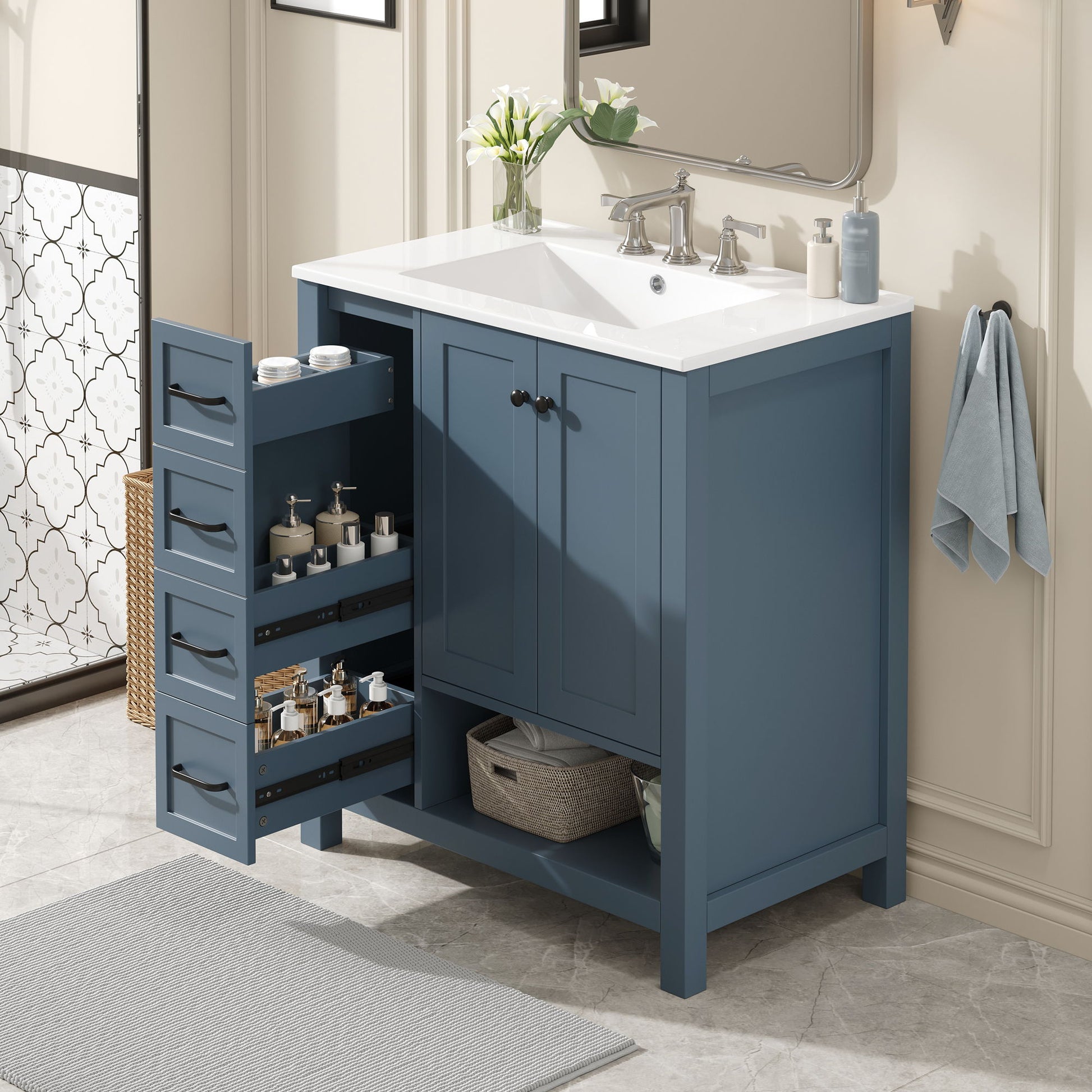 Bathroom Vanity With Sink Top, Bathroom Vanity Cabinet With 2 Doors And 2 Drawers, Open Shelf