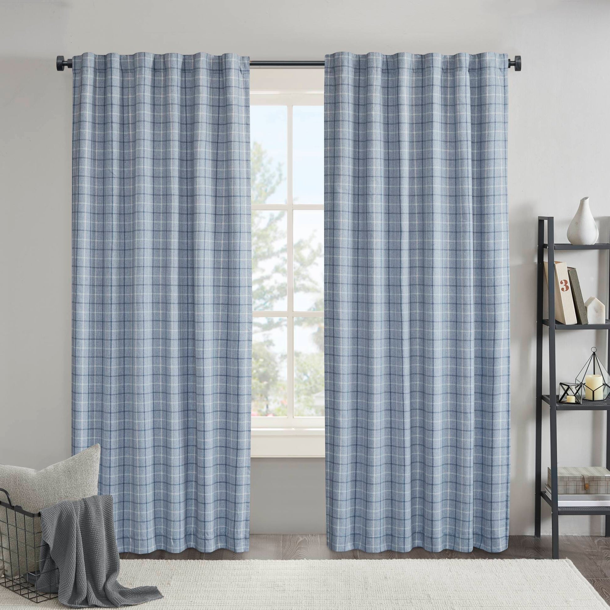 Anaheim - 50x108" Plaid Rod Pocket And Back Tab Curtain Panel With Fleece Lining - Denim Blue