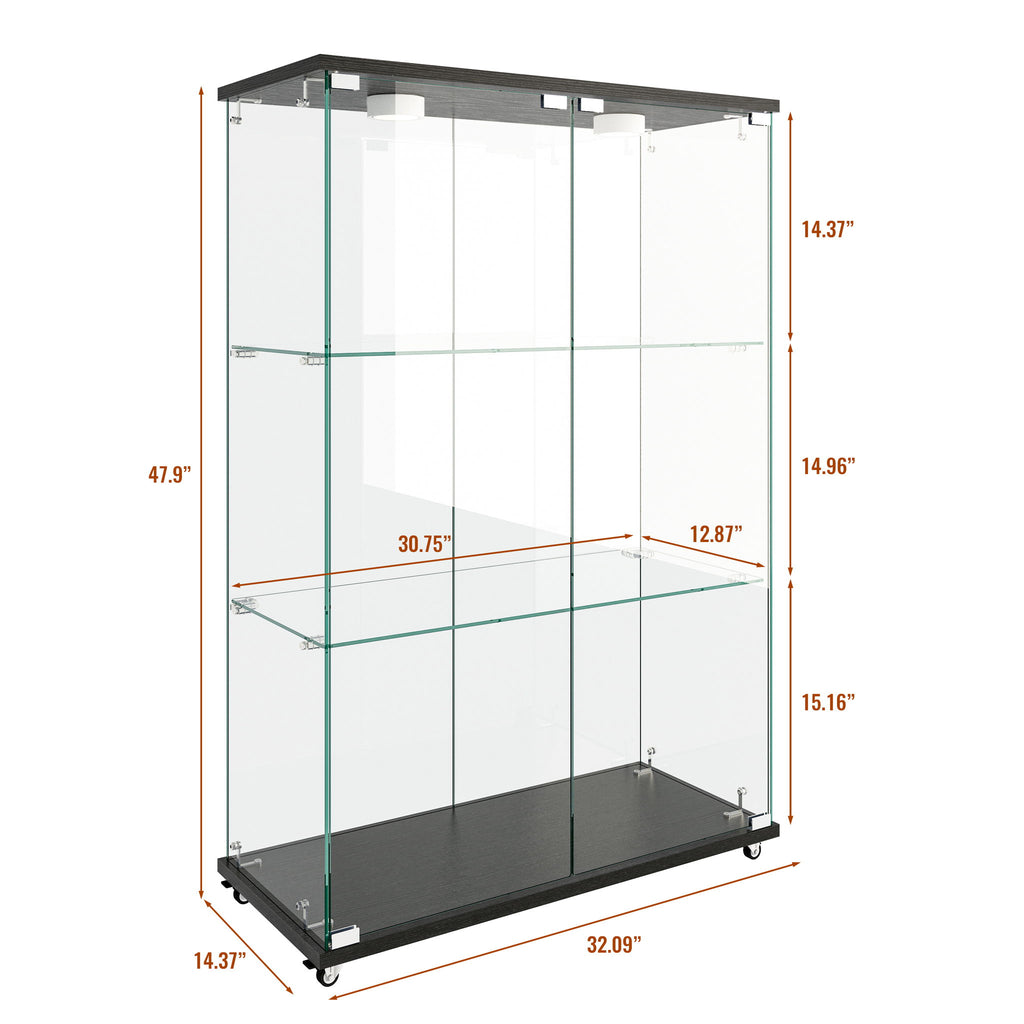 Modern Display Cabinet With LED Lights, Transparent Tempered Glass 2 Door Storage Case With 3 Shelves